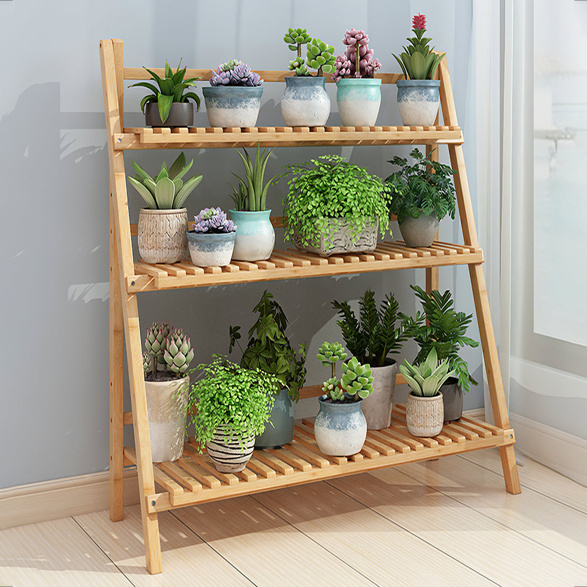 3-Tier Foldable Wooden Ladder Plant Stand