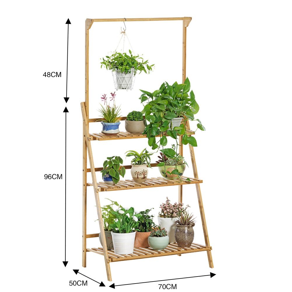 3 Tier Foldable Wooden Ladder Shelf Hanging Rod