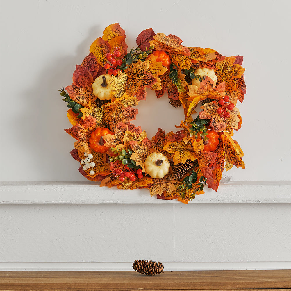 Fall Wreath Front Door Wreath with White Orange Pumpkins