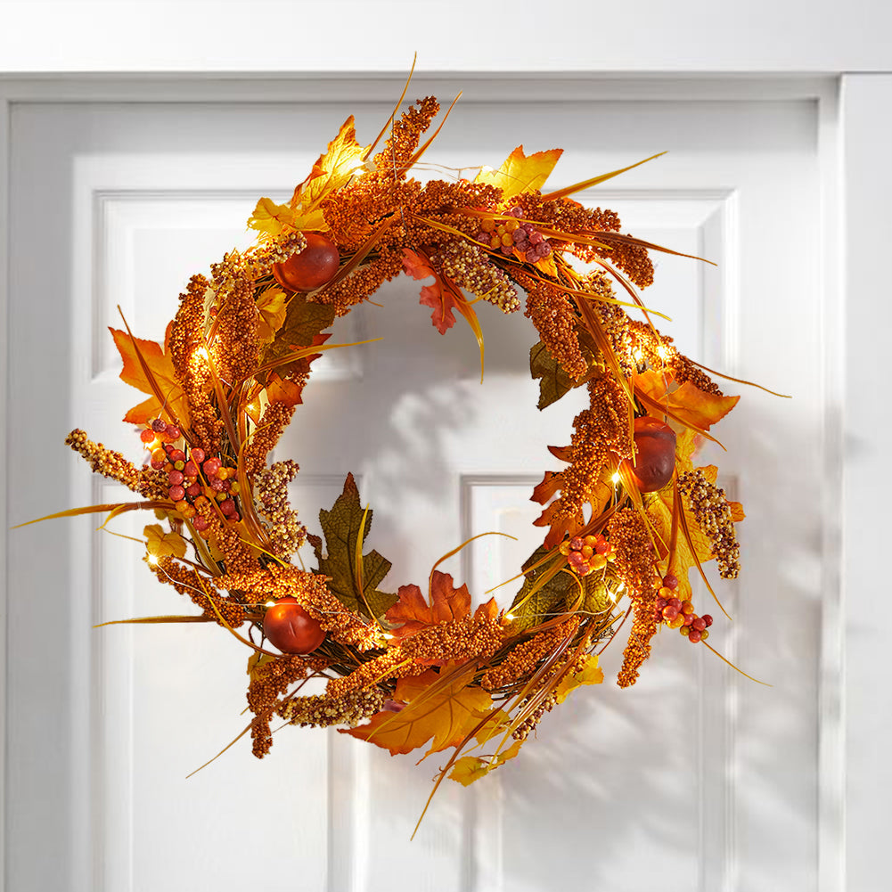 Large Autumn Golden Sorghum Door Wreath with LED Lights