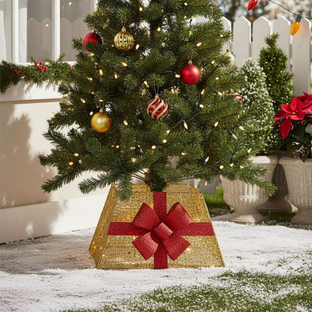 Square Christmas Tree Collar Basket Decor with Bow Tie