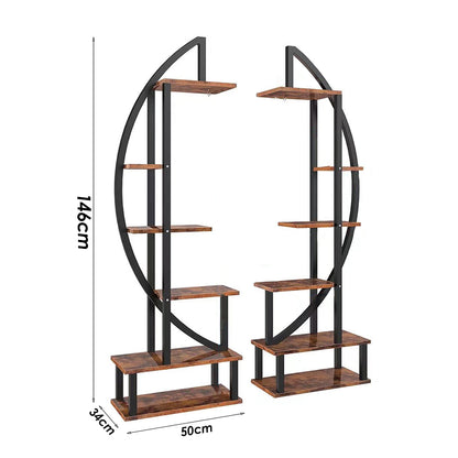 2 Pcs Rustic Brown Crescent Wood Tiered Plant Stand