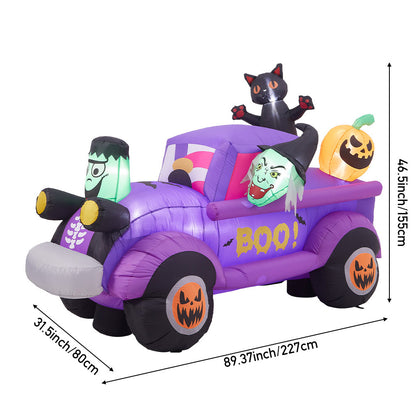 5ft Halloween Witch Driving a Car with Horror Frankenstein Build-In LED