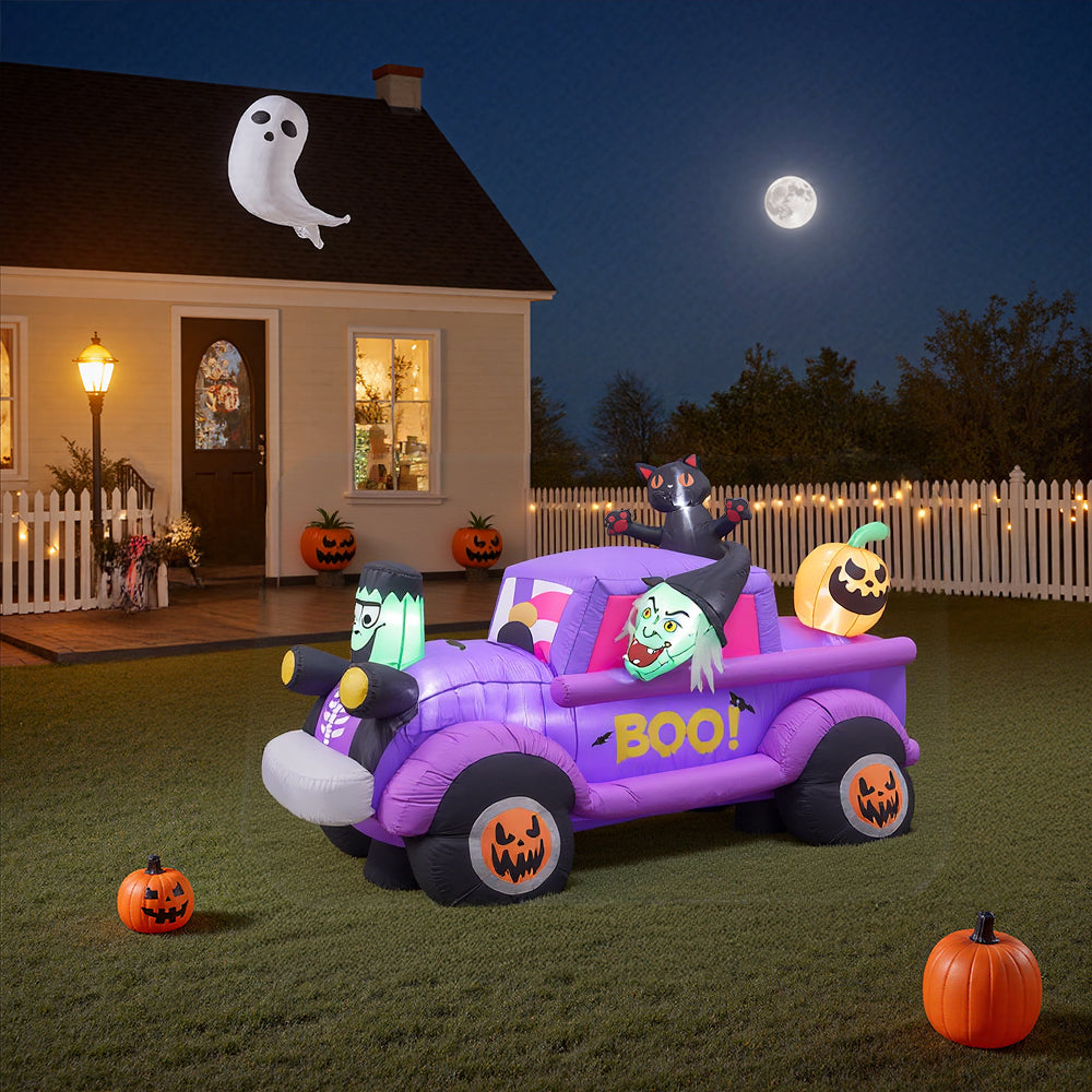 5ft Halloween Witch Driving a Car with Horror Frankenstein Build-In LED