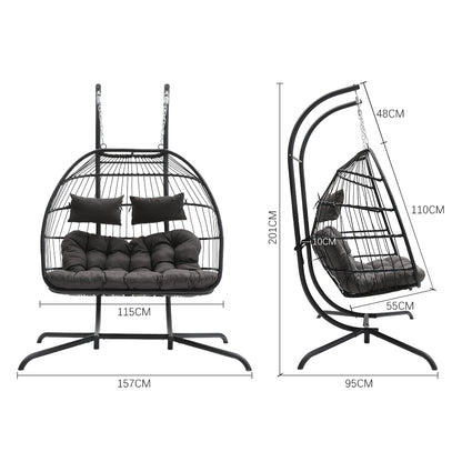 Outdoor Hanging 2-Seater Swing Egg Chair with Four-Leg Stand