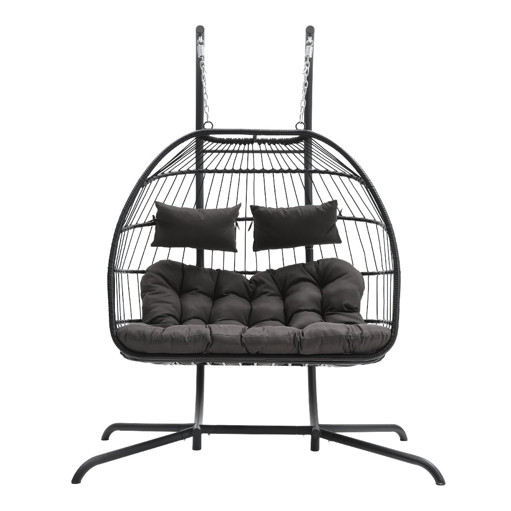 Outdoor Hanging 2-Seater Swing Egg Chair with Four-Leg Stand
