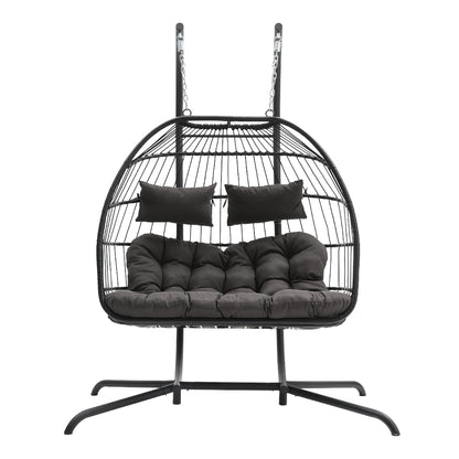Outdoor Hanging 2-Seater Swing Egg Chair with Four-Leg Stand