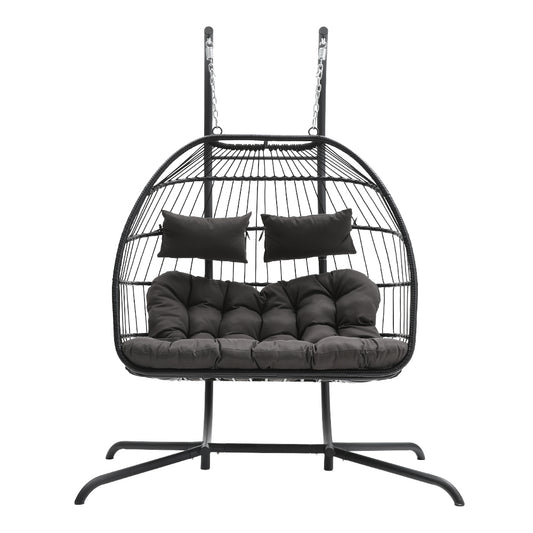Outdoor Hanging 2-Seater Swing Egg Chair with Four-Leg Stand