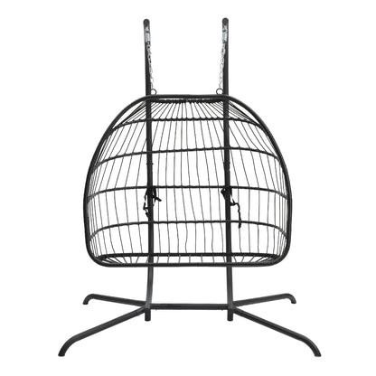 Outdoor Hanging 2-Seater Swing Egg Chair with Four-Leg Stand