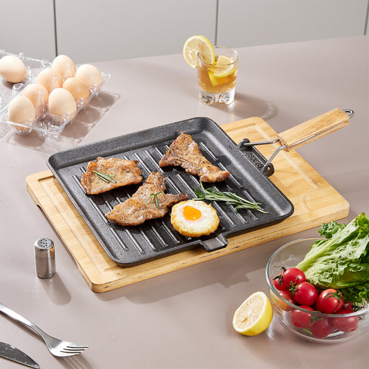 Cast Iron Frying Pan Skillet with Foldable Wooden Handle
