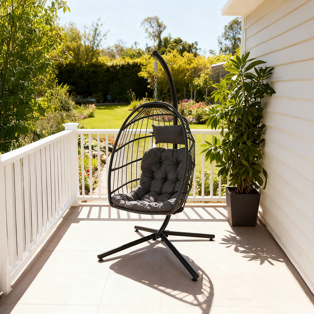 Medium Black Swing Hanging Egg Chair with Cushion and Pillow