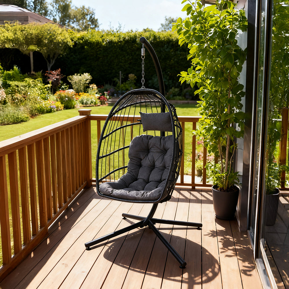 Medium Black Swing Hanging Egg Chair with Cushion and Pillow