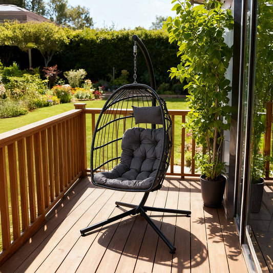 Medium Black Swing Hanging Egg Chair with Cushion and Pillow