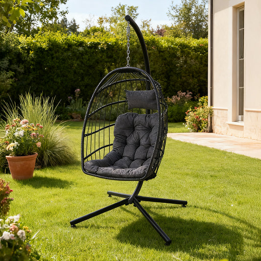 Medium Black Swing Hanging Egg Chair with Cushion and Pillow