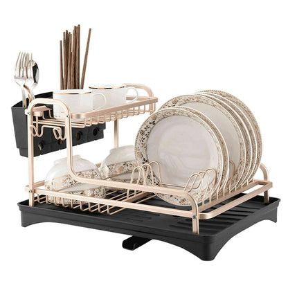 Dish Rack 2 Tiers Dish Drying Drainer with Drying Board Rose Gold
