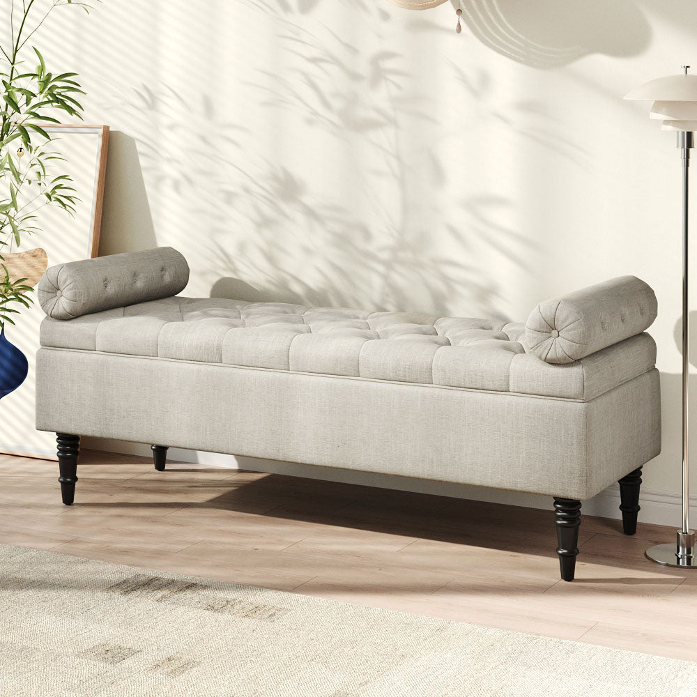 Grey/Beige Flip Top Storage Bench with Side Arms