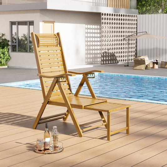 Garden Bamboo Wood Foldable Recliner Lounge Chair with Retractable Footrest