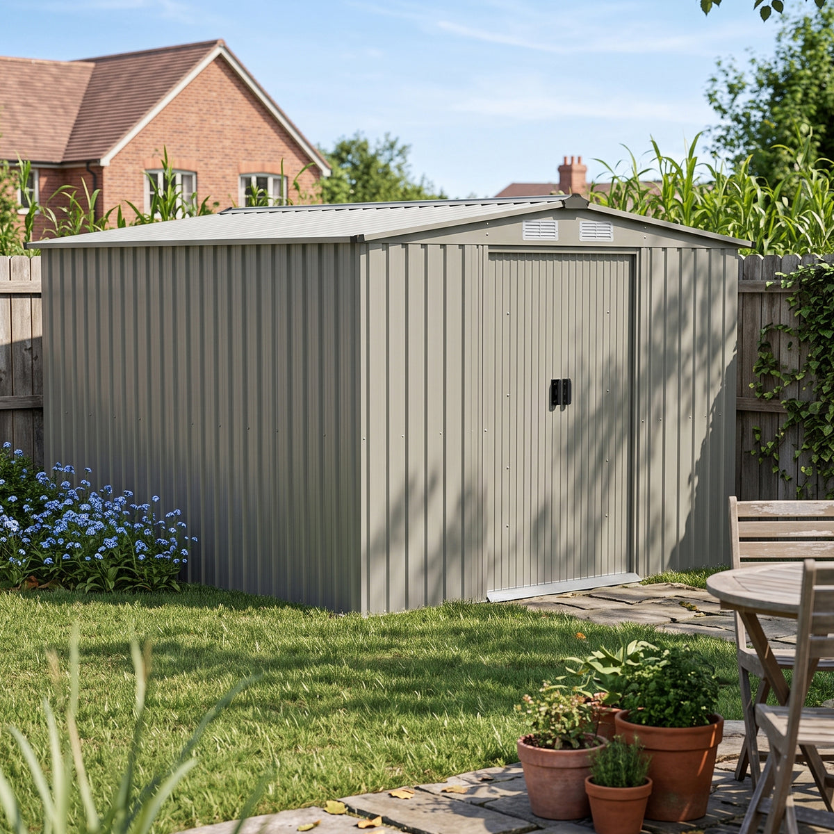 8 x 8 ft Metal Garden Storage Shed with Apex Roof & Sliding Door