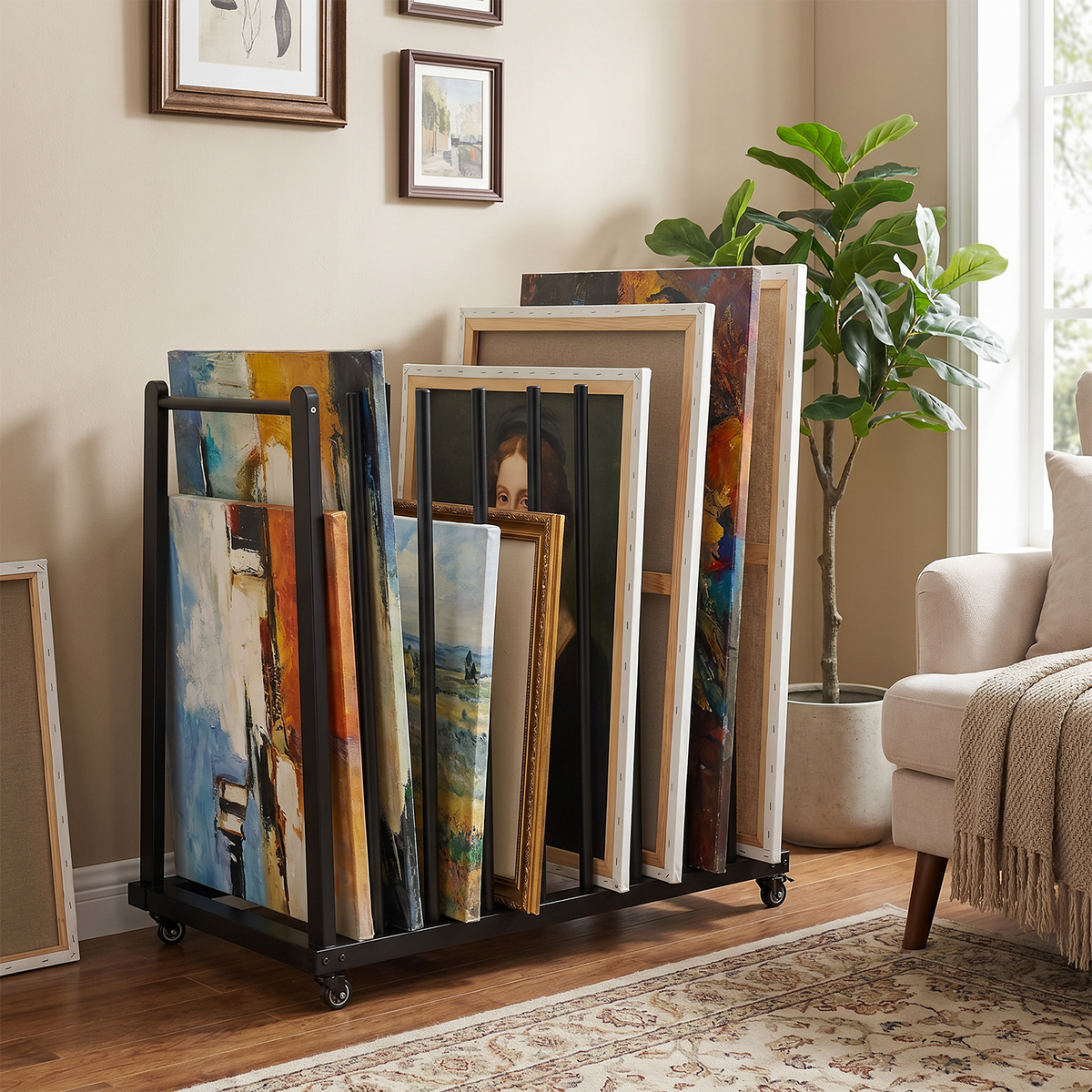 9 Slots Wooden Canvas Art Storage Rack with Castors