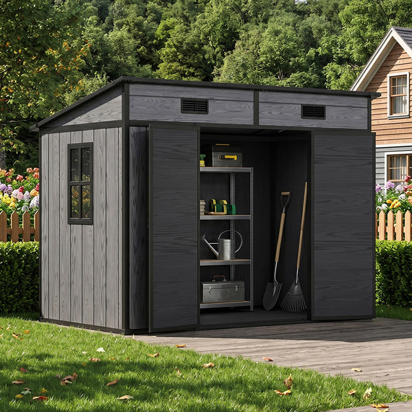 8 x 4 ft Plastic Garden Storage Shed with Pent Roof & Double Doors