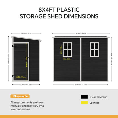 4 x 8 ft Plastic Garden Storage Shed with Pent Roof & Single Door