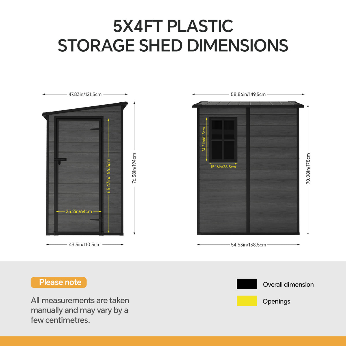 4 x 5 ft Plastic Garden Storage Shed with Pent Roof & Lockable Door