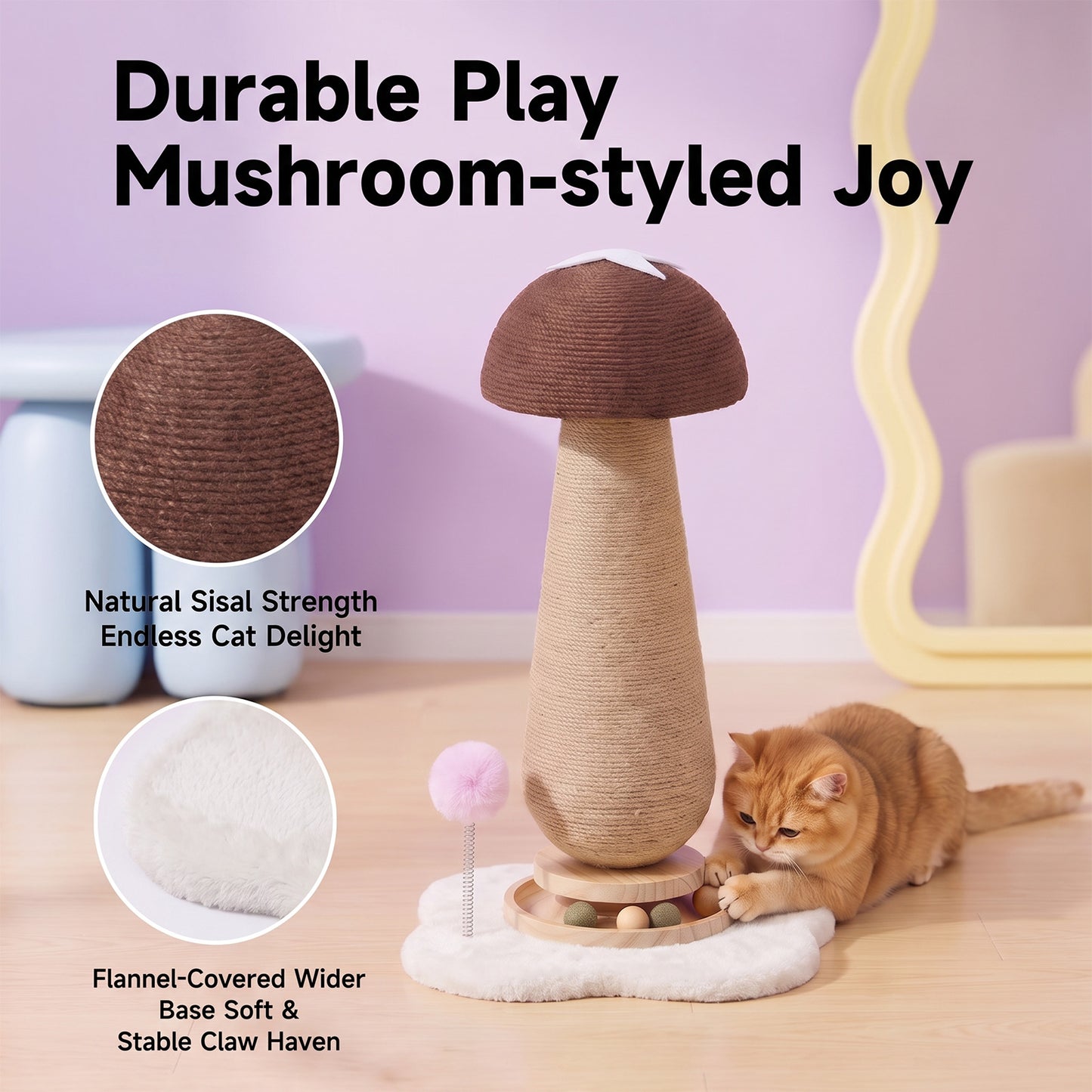 Brown Mushroom Cat Scratching Post with Turntable Toy