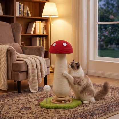 Red Mushroom Cat Scratching Post with Turntable Toy
