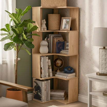 Wooden L-shaped Corner Bookshelf Storage Rack