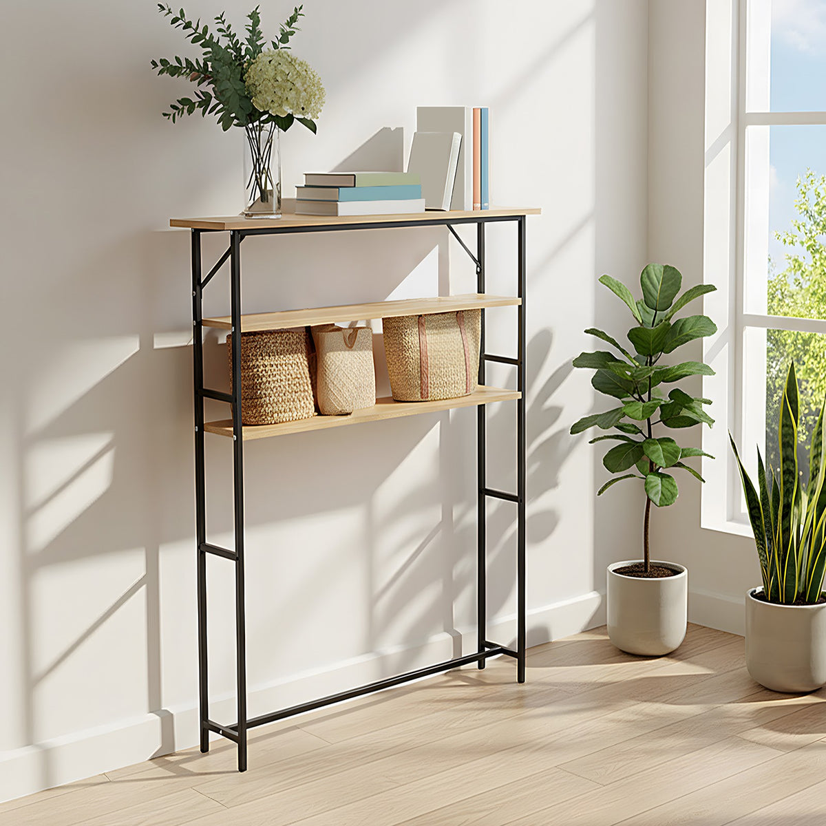 3-Tier Wood-Grain Narrow Console Table