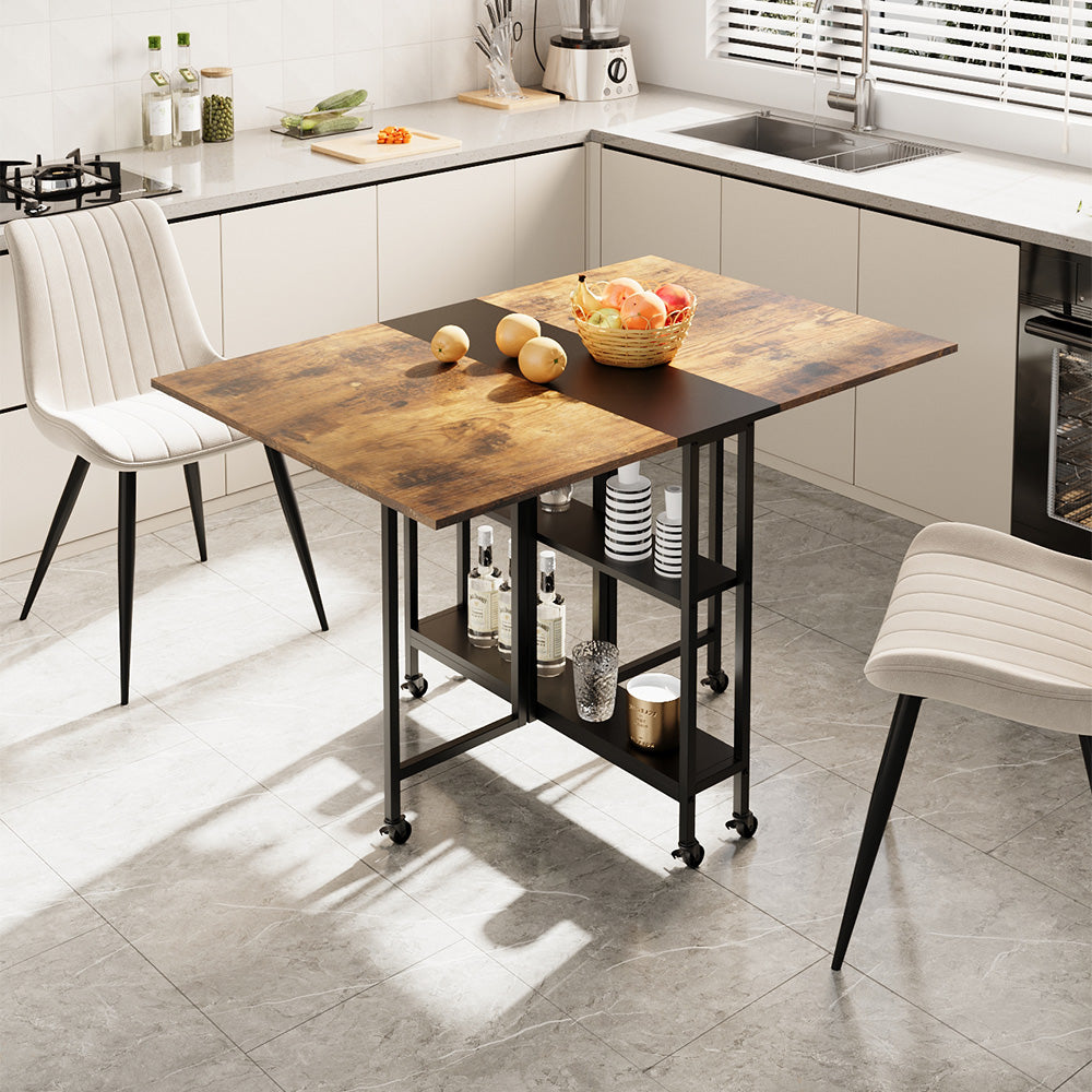 Folding Dining Table with Wheels and Storage Shelves
