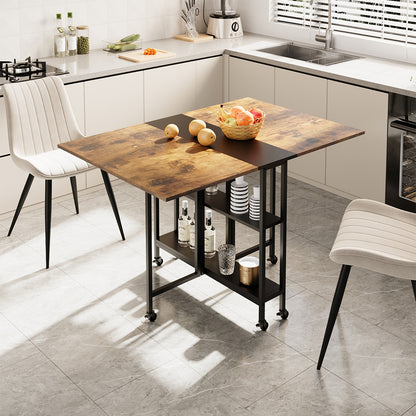 Folding Dining Table with Wheels and Storage Shelves