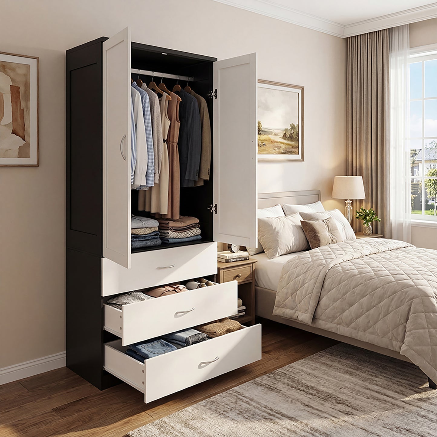 2-Door Wardrobe with 3 Drawers & Hanging Rail