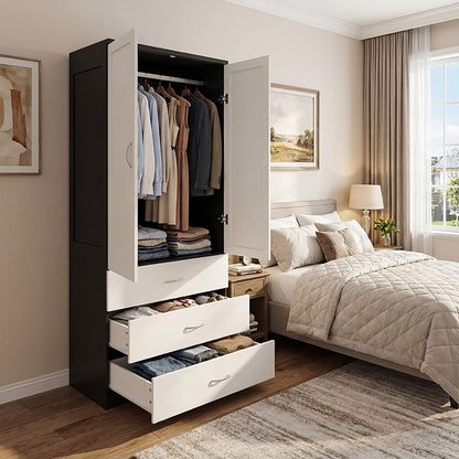 2-Door Wardrobe with 3 Drawers & Hanging Rail