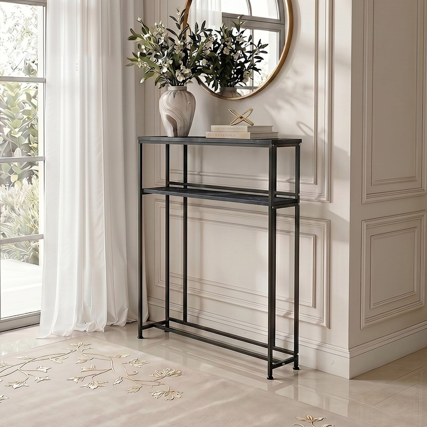 2-Tier Narrow Marble-Effect Console Table