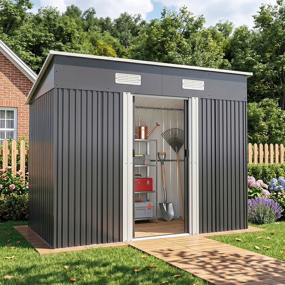 4 x 8ft Metal Pent Garden Tool Storage Shed with Foundation