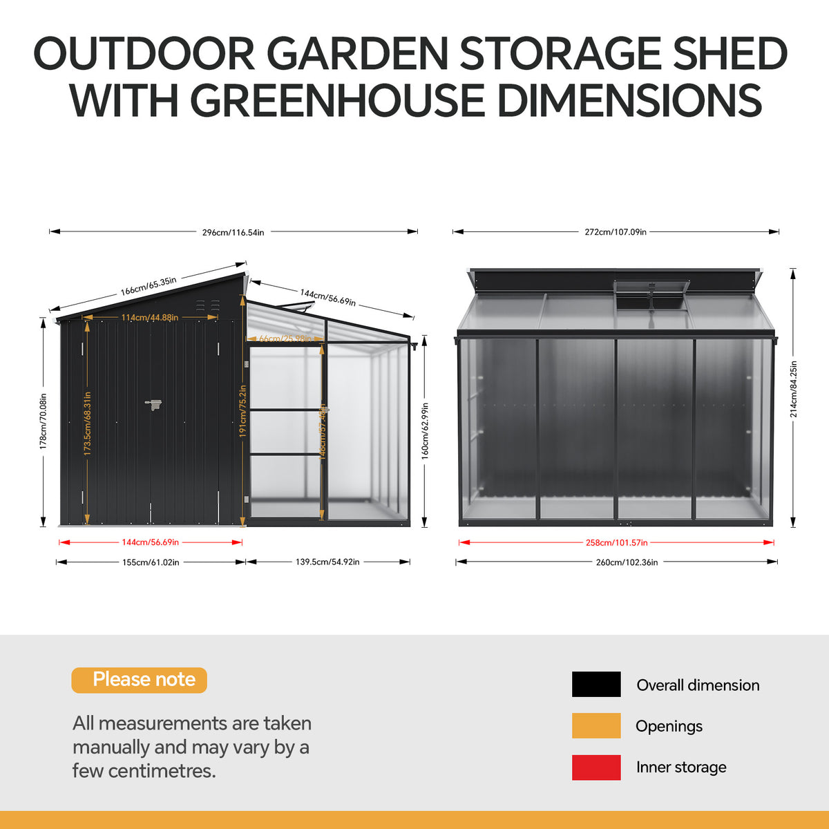 Garden Storage Shed with Lean-To Greenhouse With Double Doors