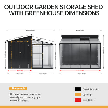 Garden Storage Shed with Lean-To Greenhouse With Double Doors