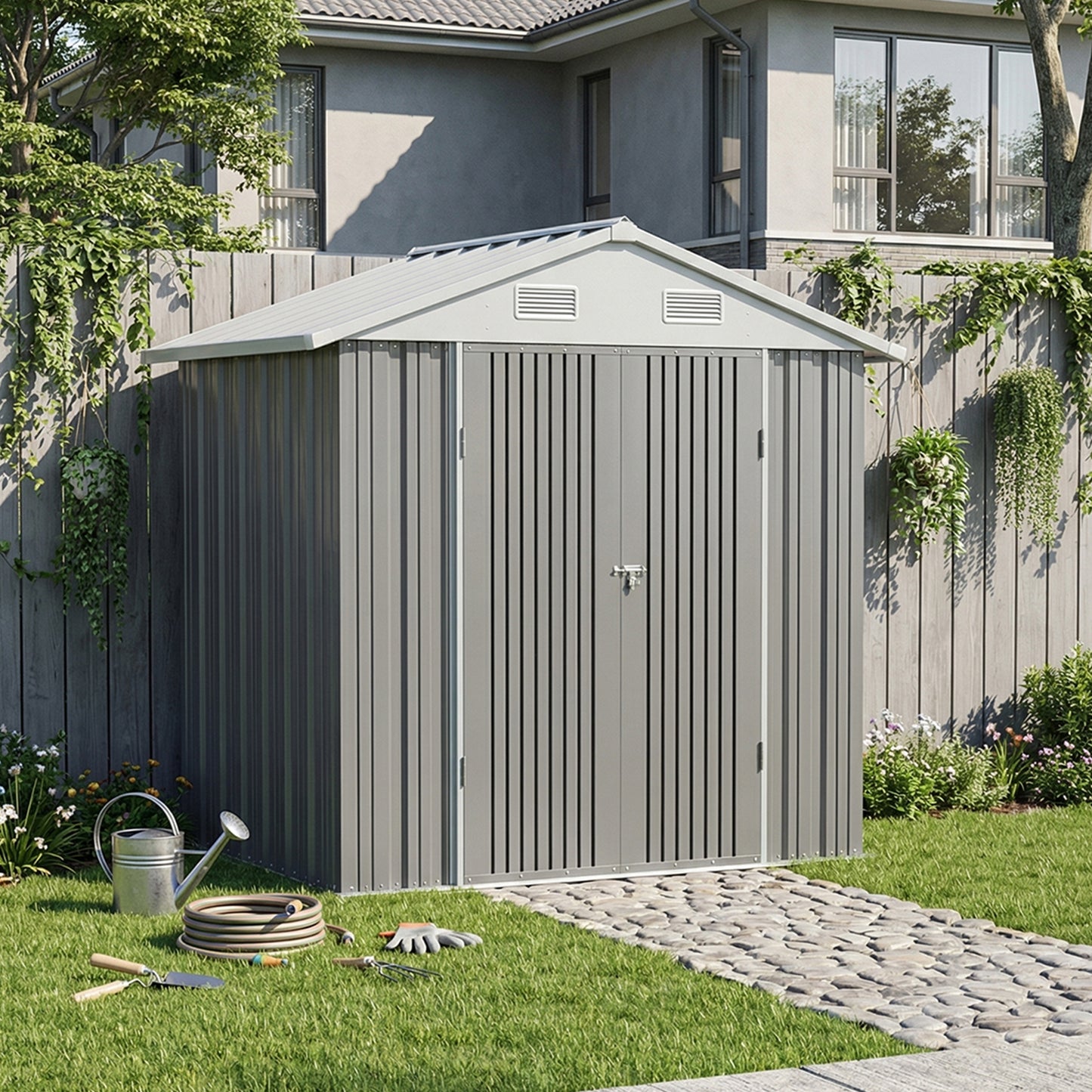 6x8FT Metal Garden Storage Shed with Lockable Door