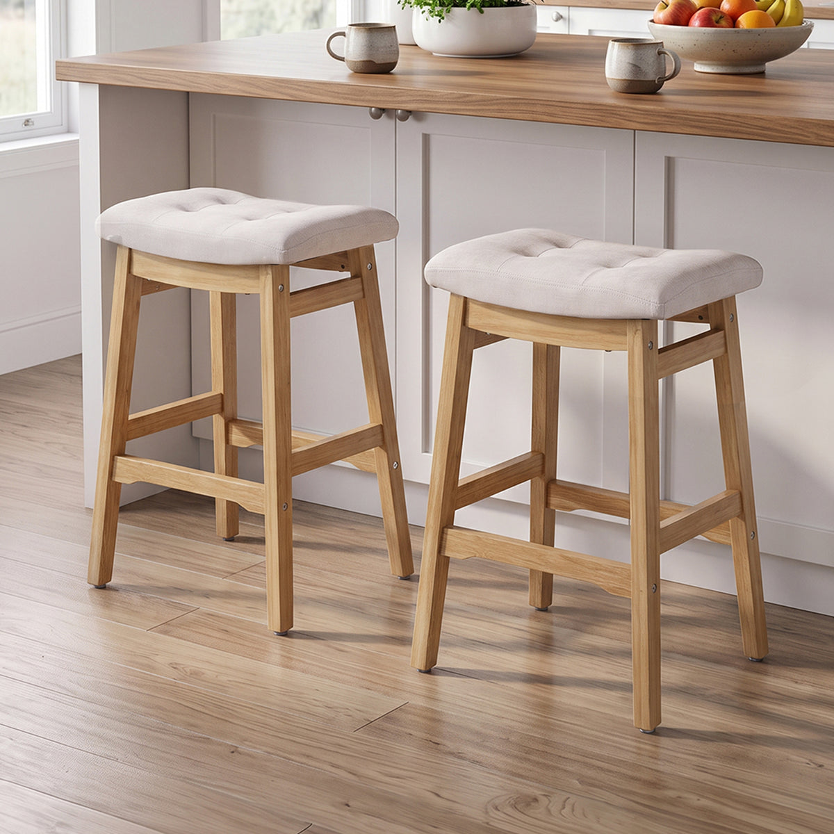 Set of 2 Chenille Upholstered Bar Stools with Wooden Base