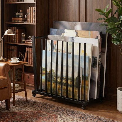 9 Slots Wooden Canvas Art Storage Rack with Castors