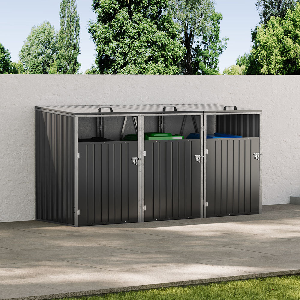 Black Metal Outdoor Garbage Bin Shed For 3 Trash Bin
