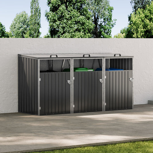 Black Metal Outdoor Garbage Bin Shed For 3 Trash Bin