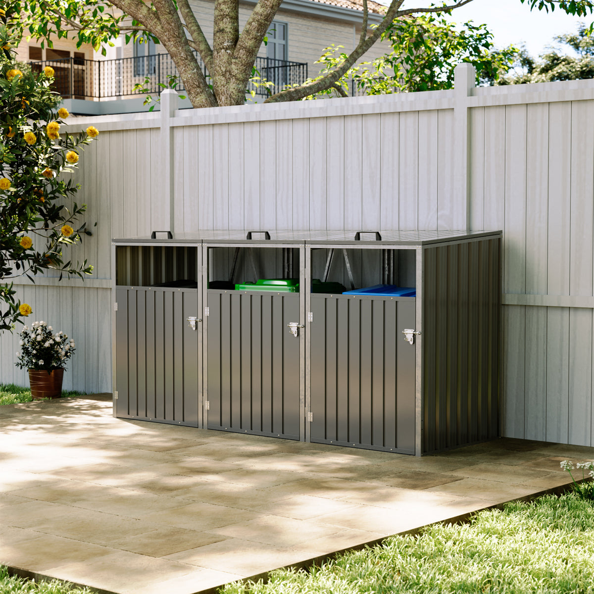 Grey Metal Outdoor Garbage Bin Shed For 3 Trash Bin