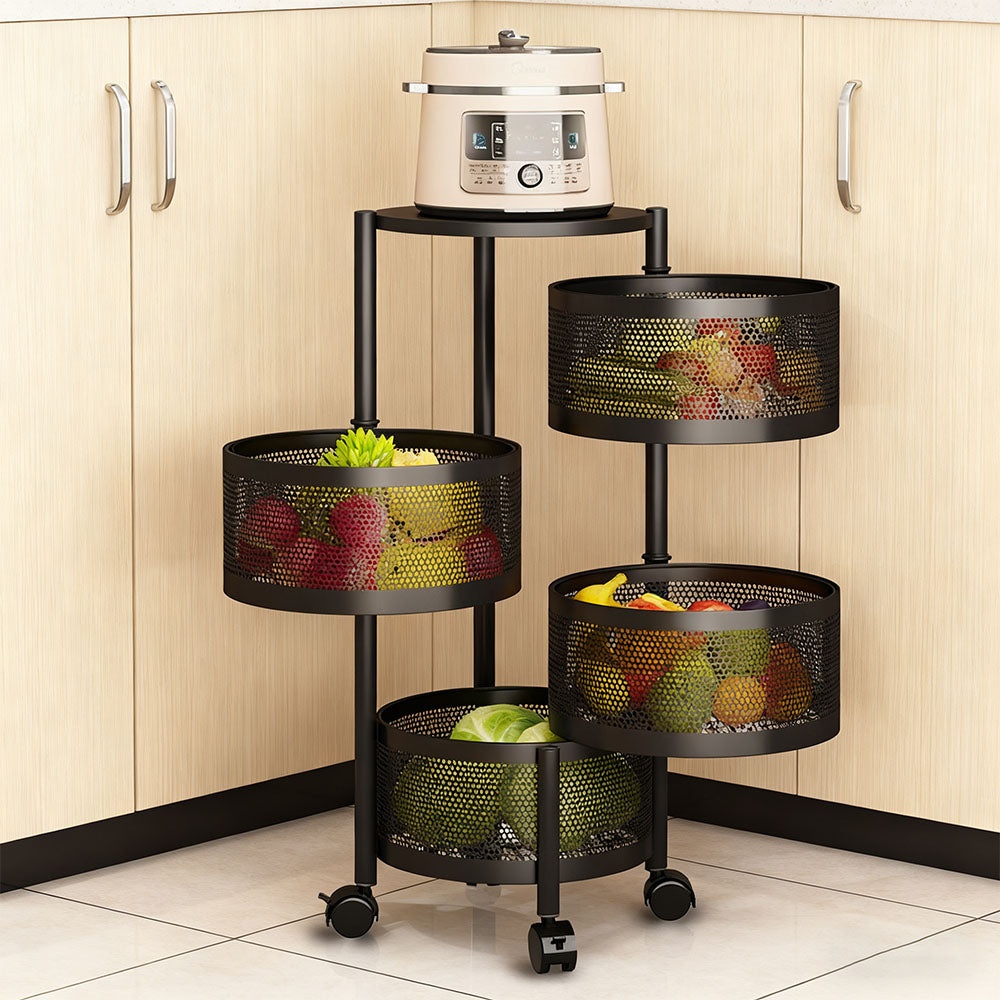 2–5 Tier Kitchen Storage Organiser with Rotating Baskets and Castors