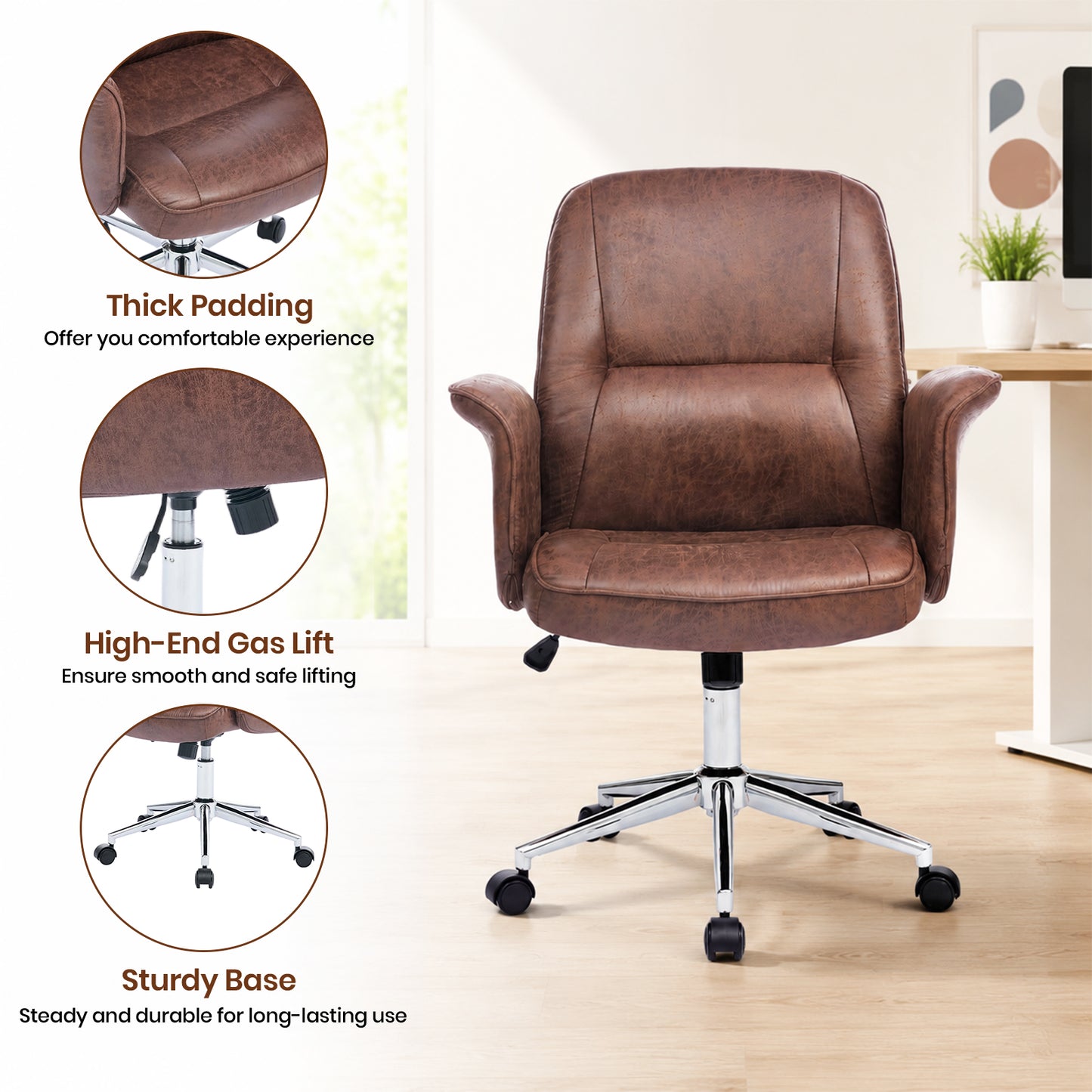 Retro-style PU Leather Office Chair with Armrests and Casters