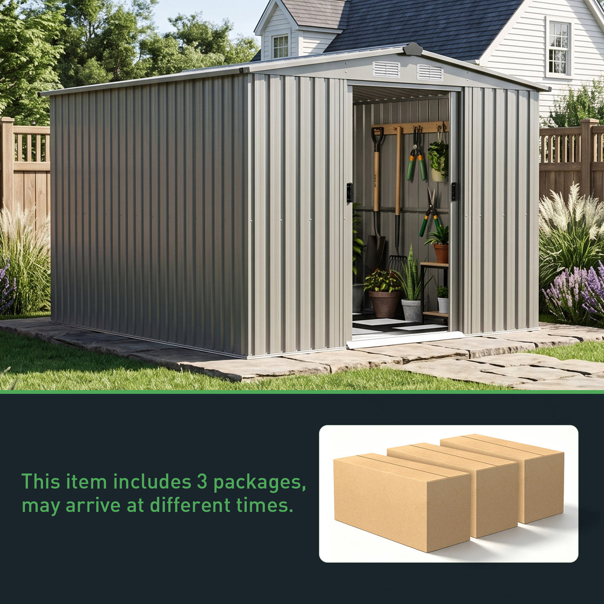 8 x 8 ft Metal Garden Storage Shed with Apex Roof & Sliding Door