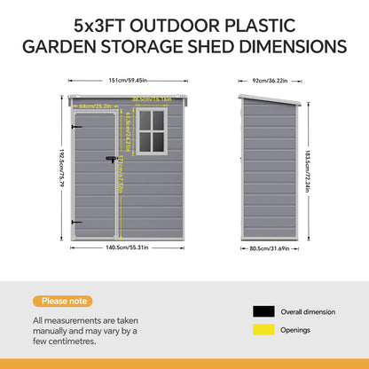 5 x 3 ft Plastic Garden Storage Shed with Pent Roof & Lockable Door