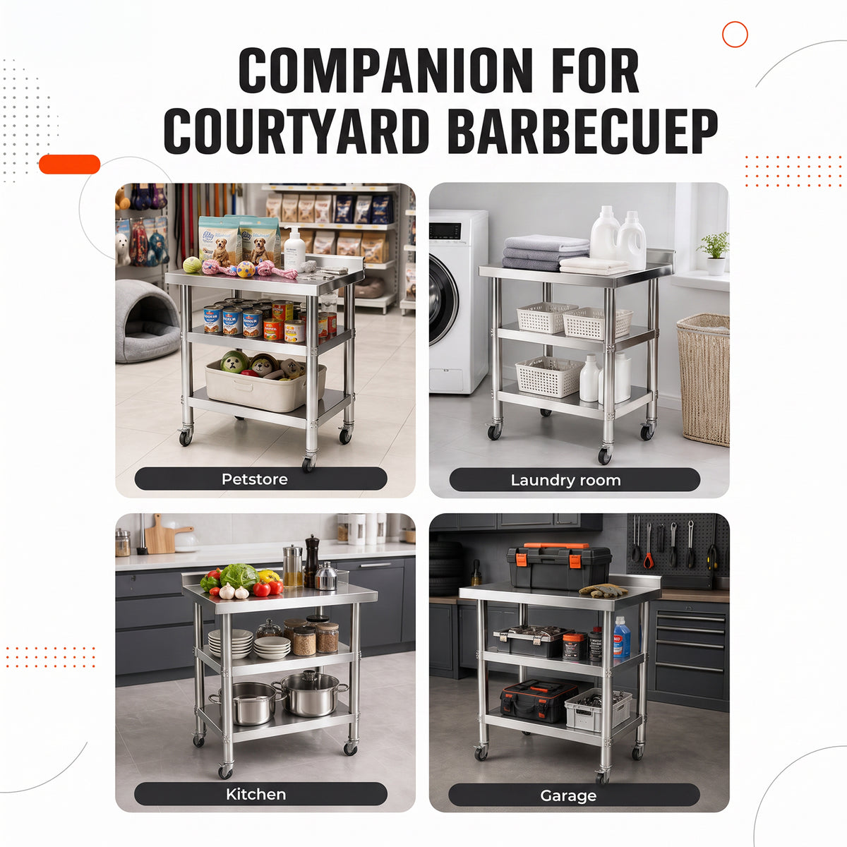 3-Tier Stainless Steel Prep Table with Smooth Castors and Adjustable Feet