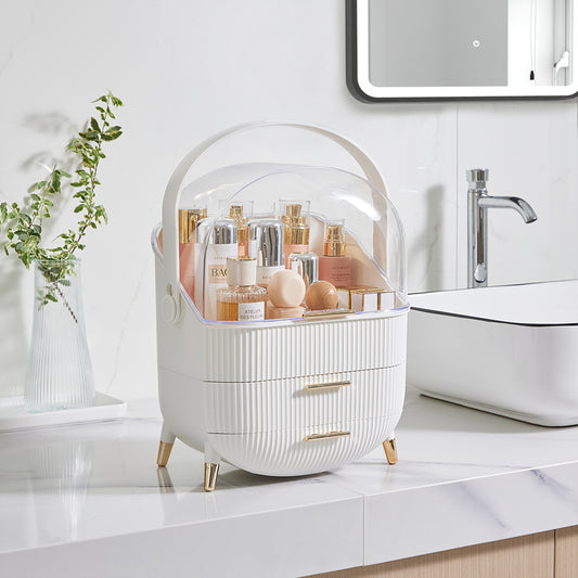 White Elegant Makeup Storage Organizer Box with Drawers and Handle